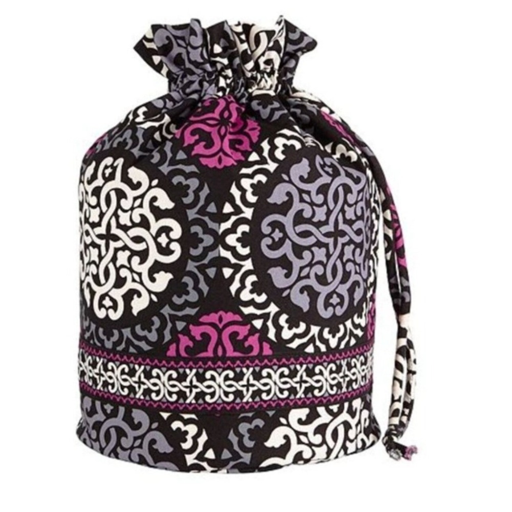 Vera Bradley OS Ditty Bag Plum Crazy Drawstring Travel Pouch Purple Black White